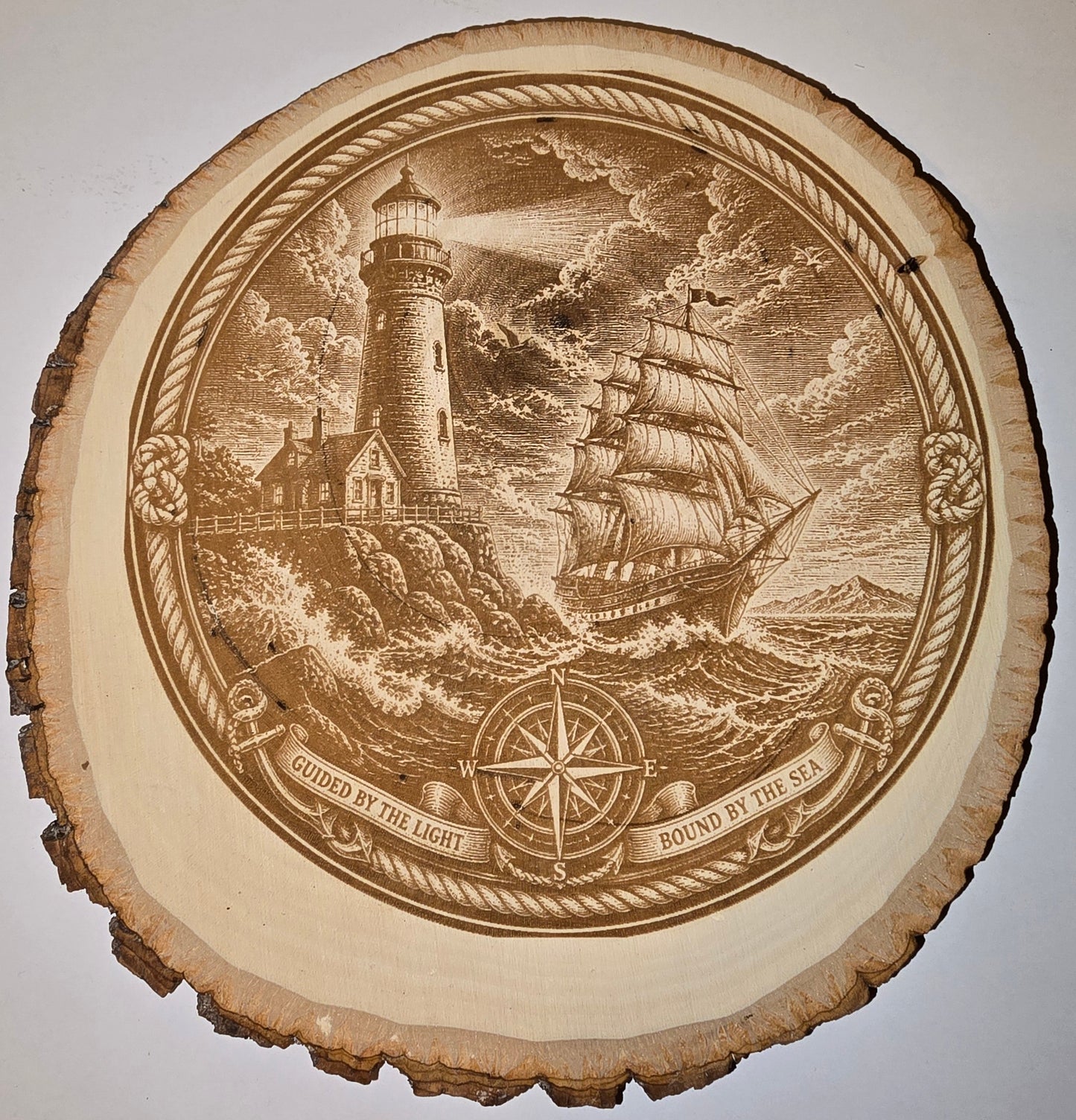 Guided by the Light — Two-Sided Lighthouse Live Edge Wood Art