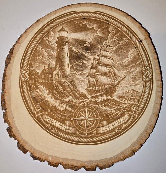 Guided by the Light — Two-Sided Lighthouse Live Edge Wood Art
